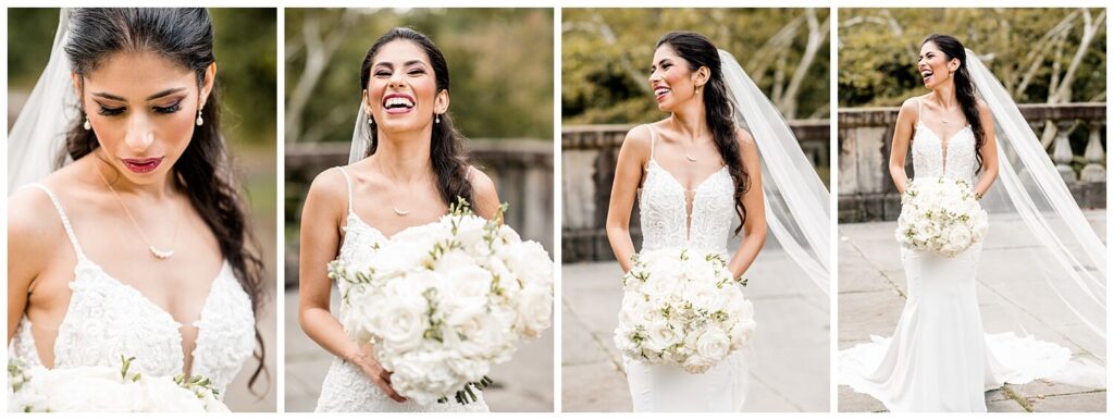 bride laughing holding wedding flowers on tudor arms hotel wedding day