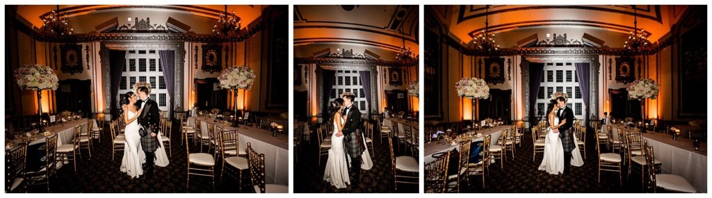 bride and groom in ballroom at tudor arms hotel wedding in cleveland