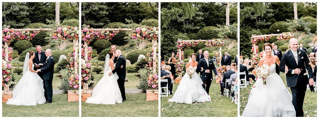 bride and groom kissing and walking down aisle at cleveland botanical garden wedding