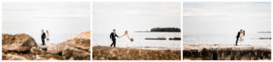 bride and groom kissing on rocks of lake erie during shoreby club wedding day