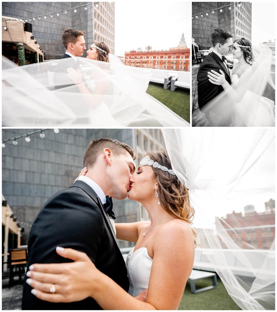 bride and groom kissing on rooftop of the metropolitan at the 9 hotel