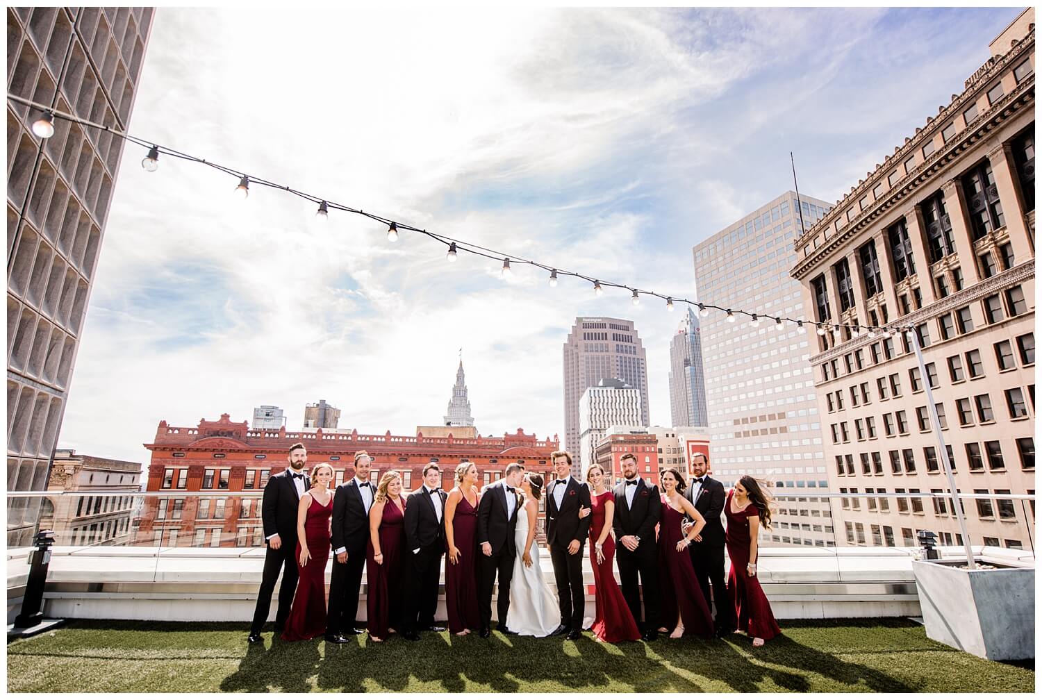 bride and groom with bridal party at metropolitan at the 9 wedding on rooftop in Cleveland