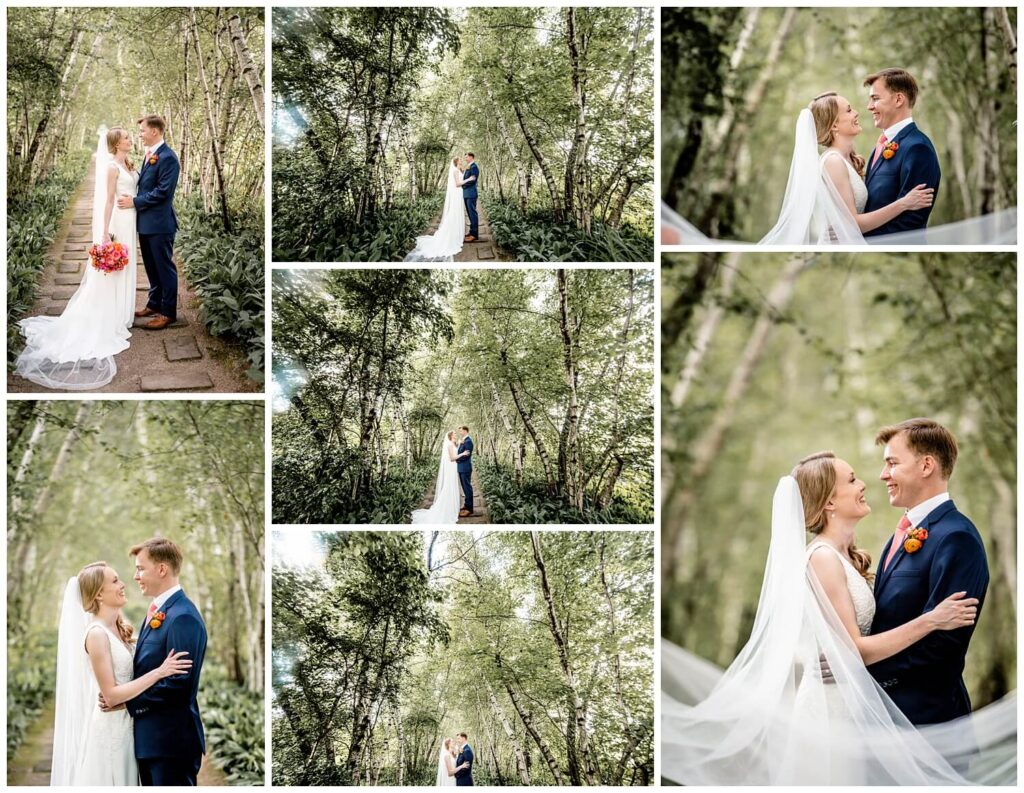 bride and groom standing under the birch trees at stan hewyt wedding outside in the summer
