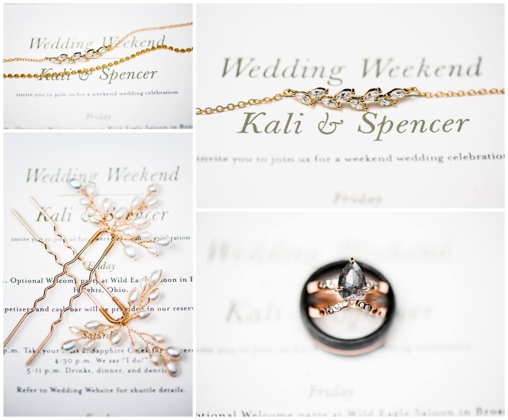 wedding day jewelry and invitations at sapphire creek winery wedding captured by three and eight photography