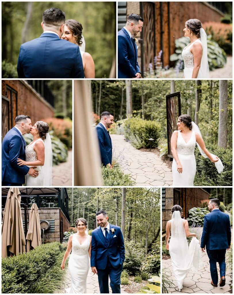 bride and groom's first look outside of sapphire creek winery on wedding day