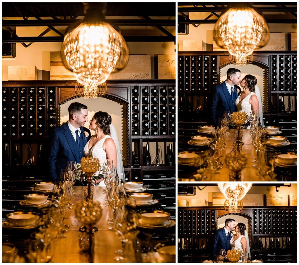 bride and groom kissing in wine room at sapphire creek winery wedding captured by three and eight photography