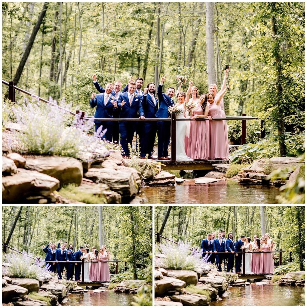 bridal party on bridge at sapphire creek winery and gardens on wedding day