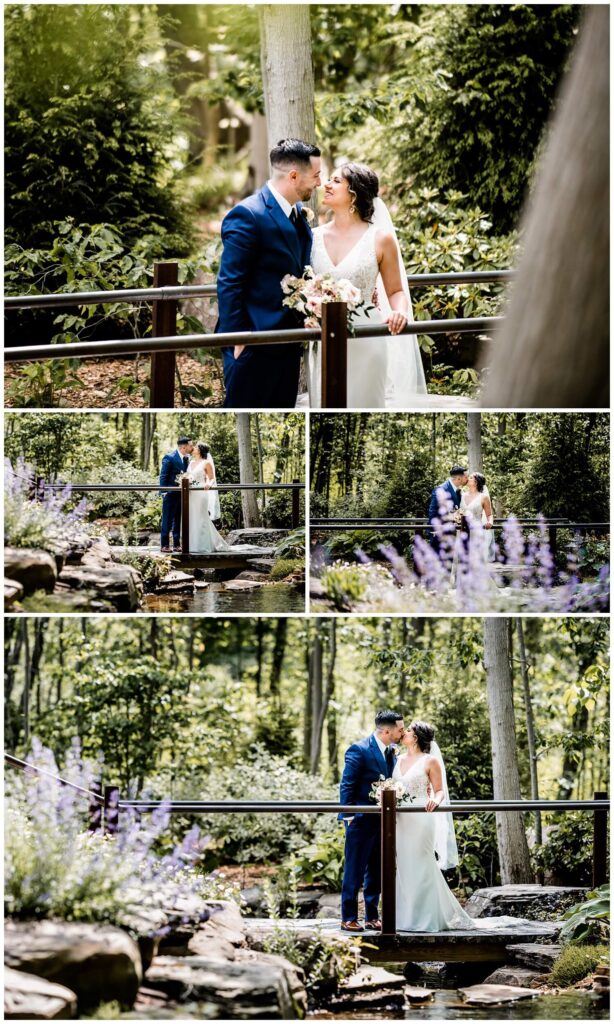 bride and groom kissing on garden bridge at sapphire creek winery wedding