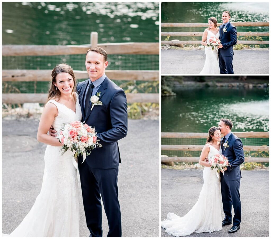 bride and groom standing in front of water at cleveland zoo wedding captured by three and eight photography