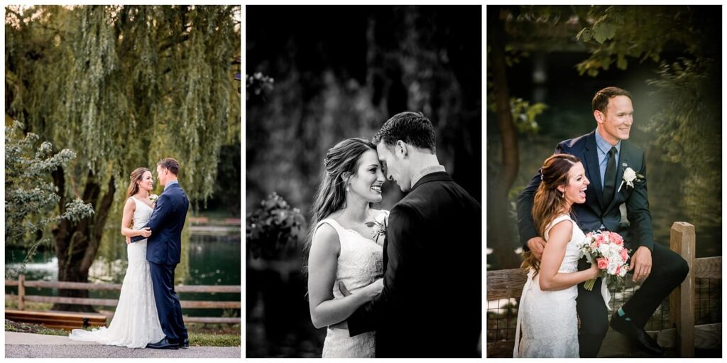bride and groom in front of weeping willow tree at cleveland zoo wedding