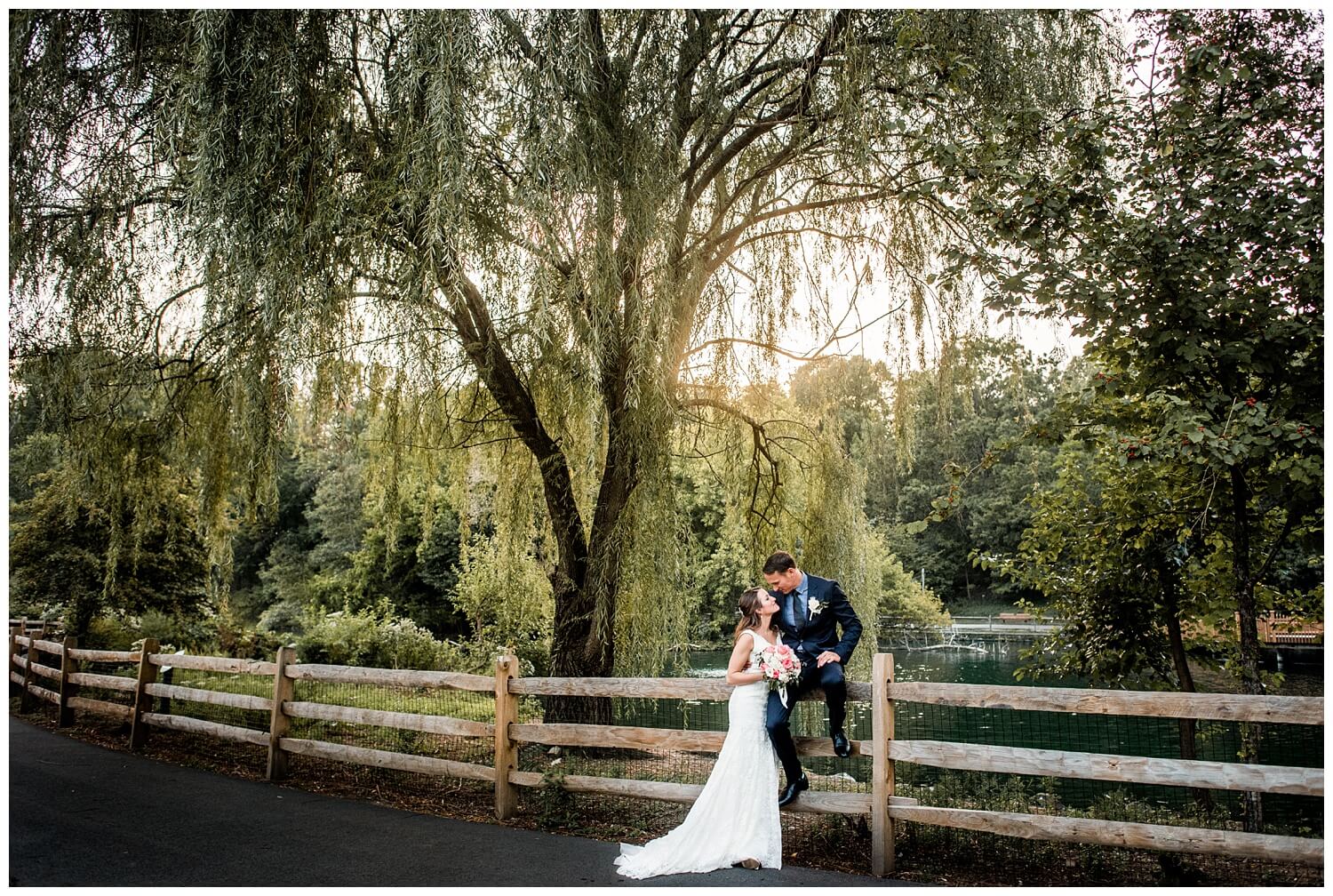 romantic bride and groom portrait in front of weeping willow tree at cleveland zoo wedding in ohio