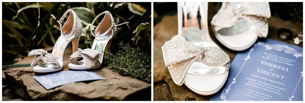 bridal details and wedding shoes pictured outside glenmoor country club on wedding day