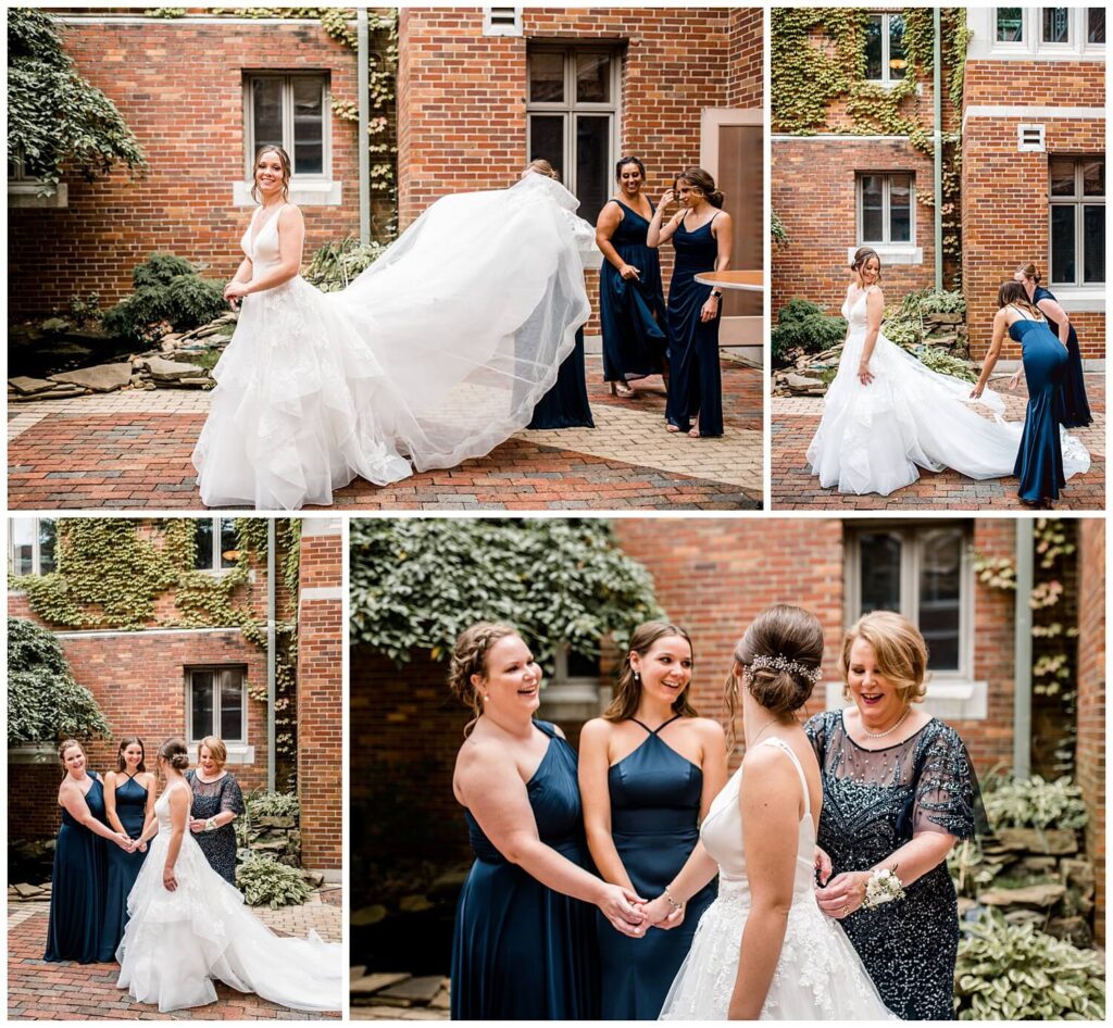 bride with bridesmaids and mom getting ready on wedding day outside of glenmoor country club