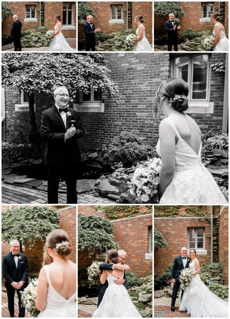 photos of bride's first look with dad on glenmoor country club wedding day captured by three and eight photography