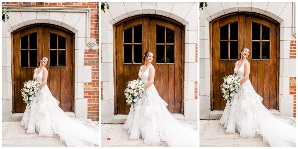 bride in front of door at glenmoor country club wedding captured by three and eight photography