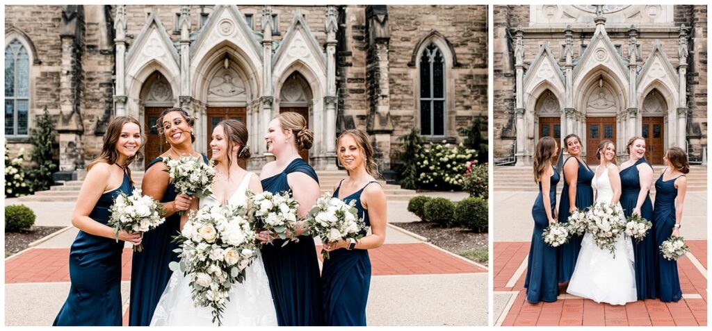 bride and bridesmaids in front of st mary's church in massillon ohio captured by three and eight photography