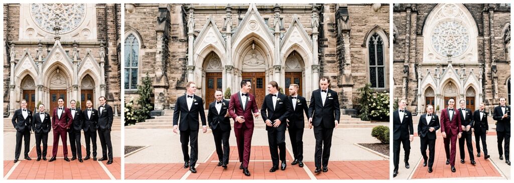 groom and groomsmen walking in front of st marys church in massillon ohio on wedding day