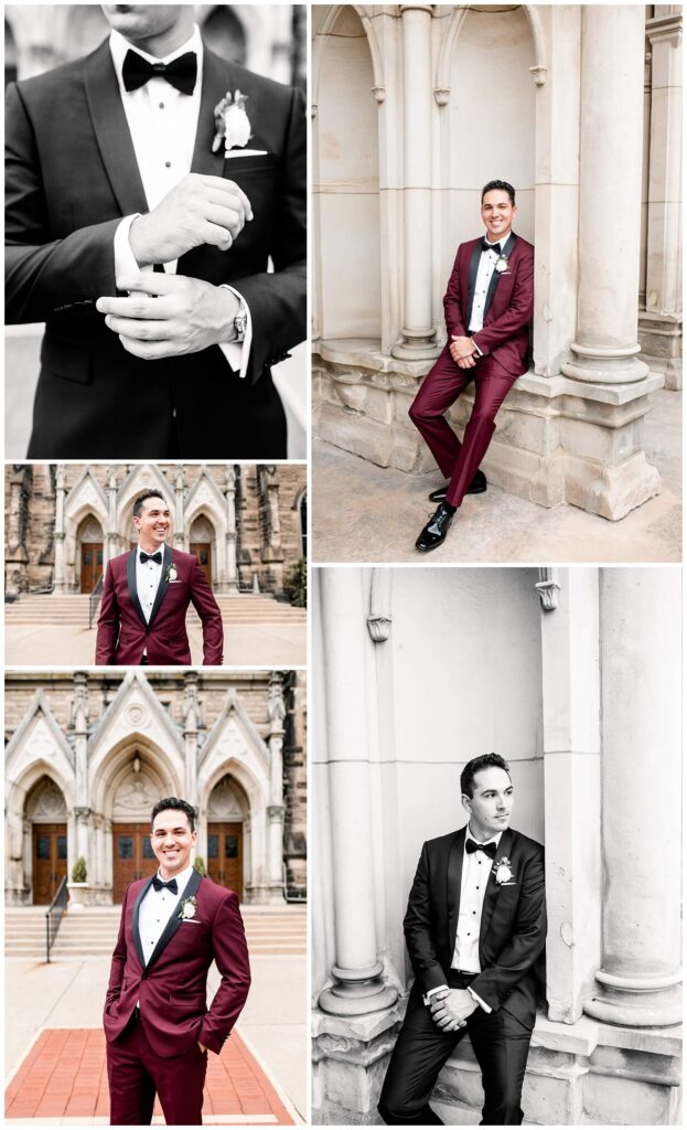 groom's portraits in front of st marys church in massillon ohio on wedding day