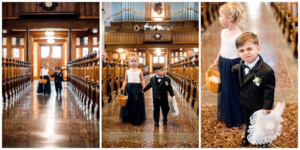 flower girl and ring bearer walking down aisle at st marys church on massillon wedding day