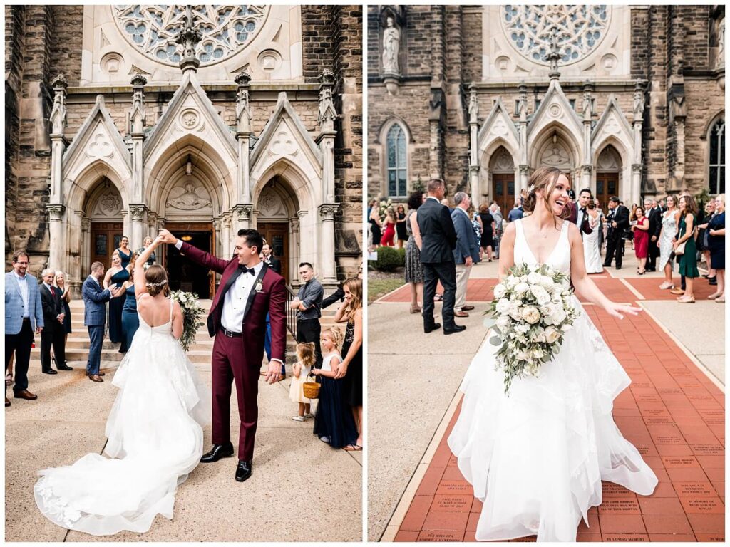 bride and groom in front of st marys church on wedding day in massillon ohio