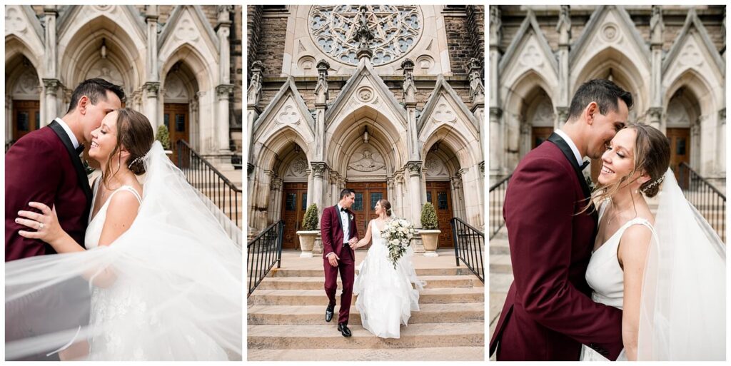 bride and groom on the steps of st marys church in massillon ohio wedding by three and eight photography