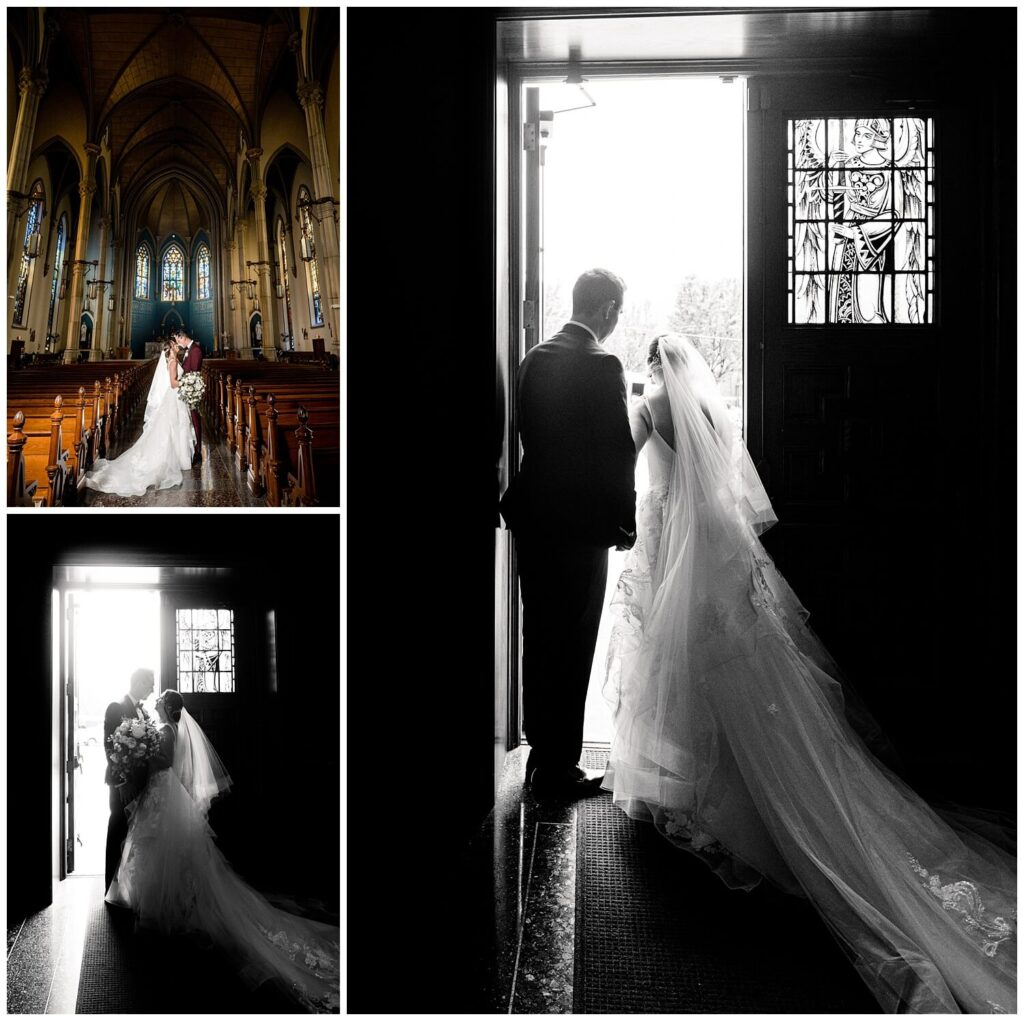 bride and groom at st marys church on wedding day captured by three and eight photography in Massillon ohio