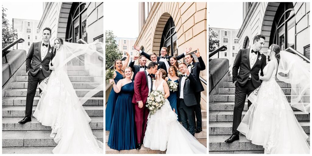 bride and groom on steps in downtown canton ohio captured by three and eight photography