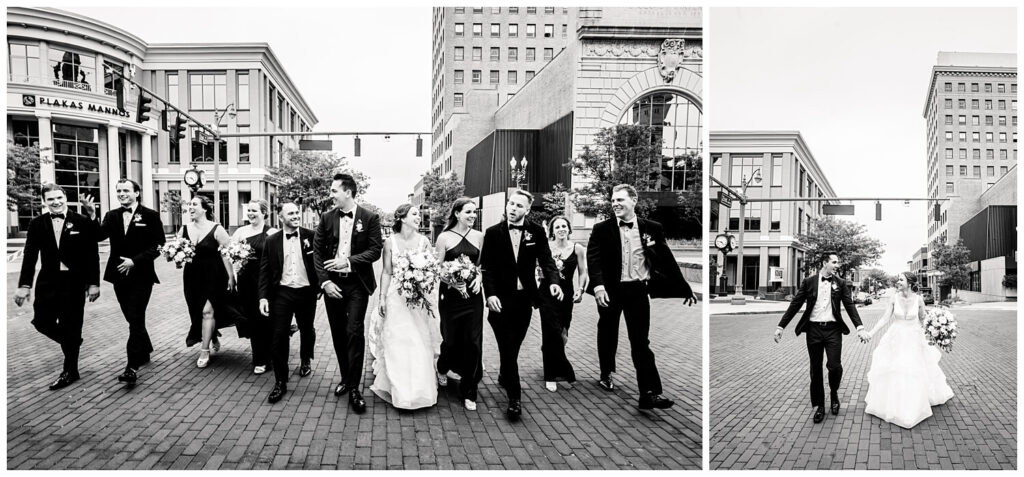bridal party walking in downtown canton in wedding photos captured by three and eight photography