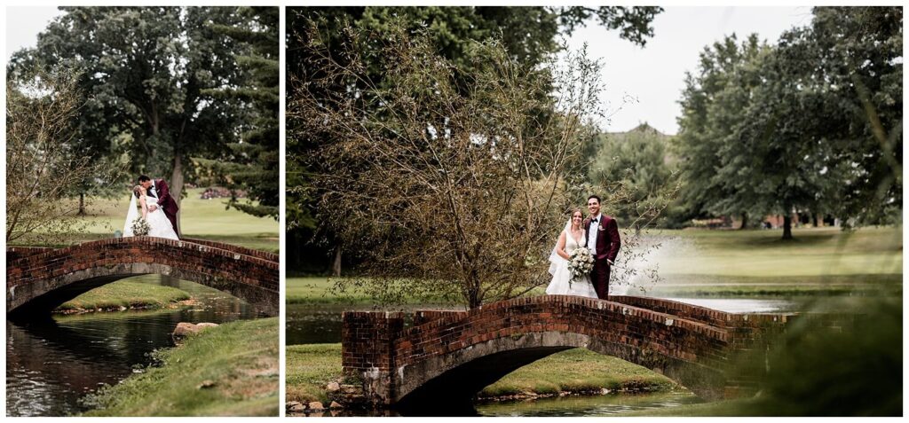 bride and groom on bridge at glenmoore country club on wedding day in canton ohio