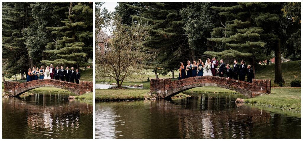 bridal party on bridge at glenmoor country club on wedding day in canton ohio