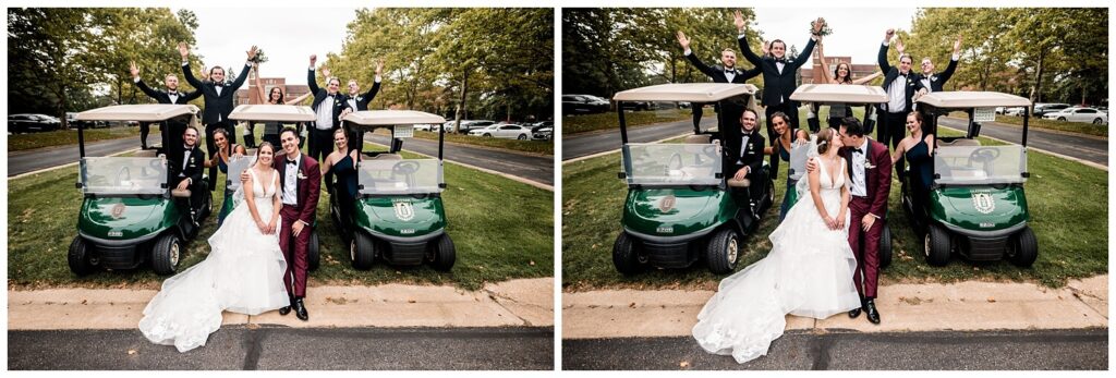 bride and groom fun bridal party photo on golf carts at glenmoor country club in canton ohio
