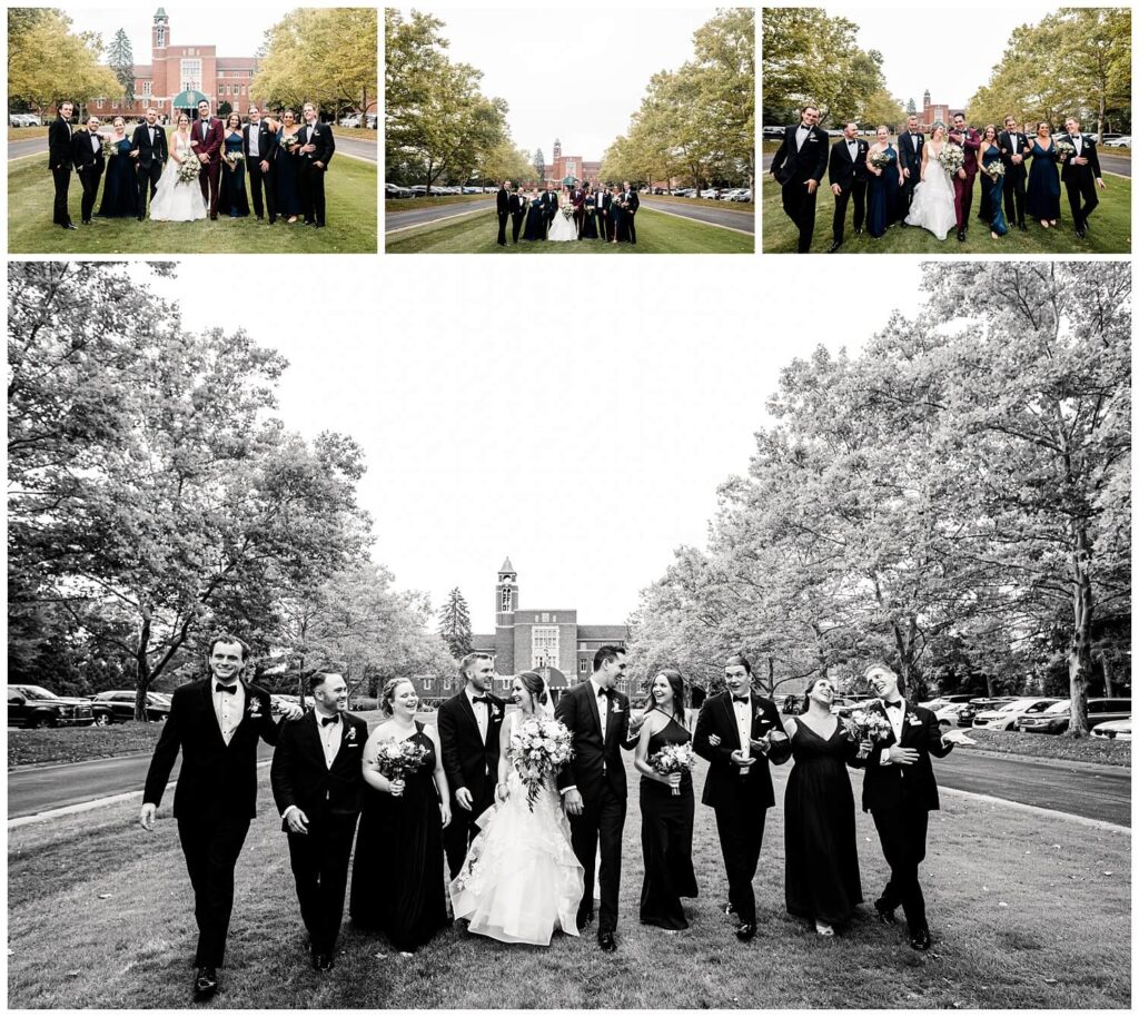bridal party pictures in front of glenmoor country club on wedding day in canton ohio