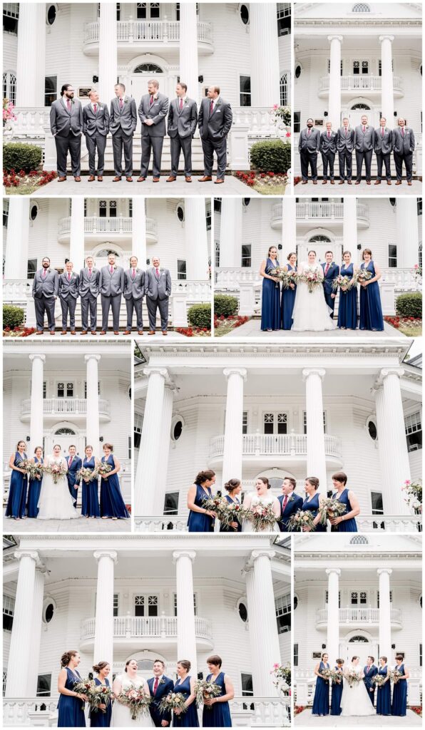 bridal party photos in front of mooreland mansion on wedding day