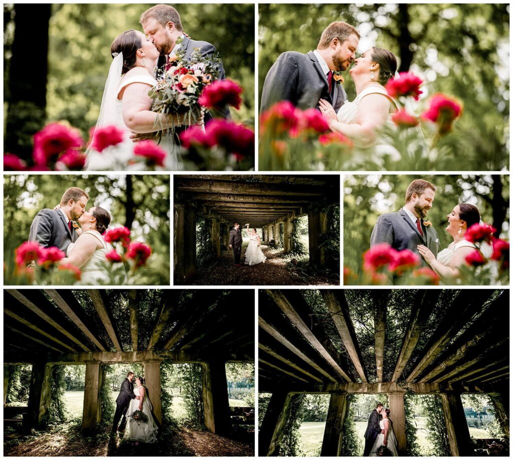 bride and groom photos in the garden at mooreland mansion