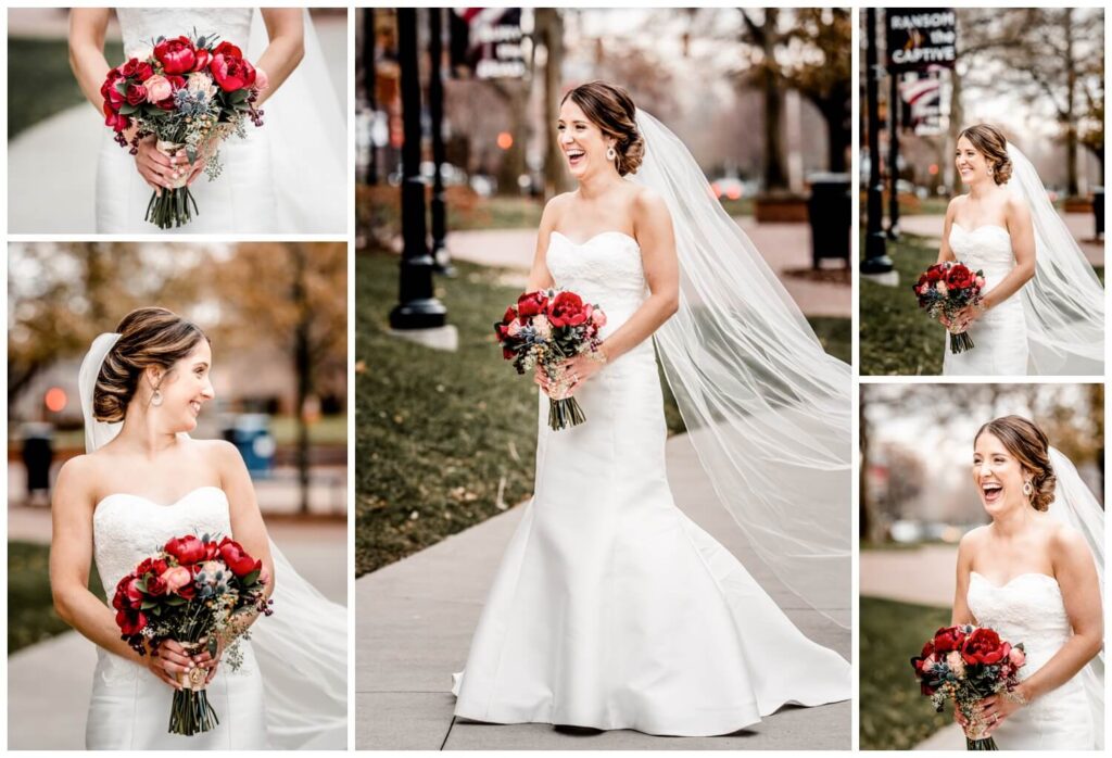 photos of the bride outside of st ignatius high school on cleveland wedding day