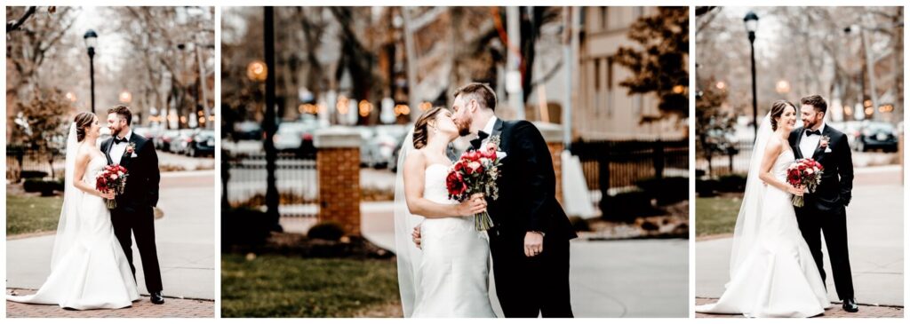 bride and groom kissing in winter wedding photos in cleveland ohio