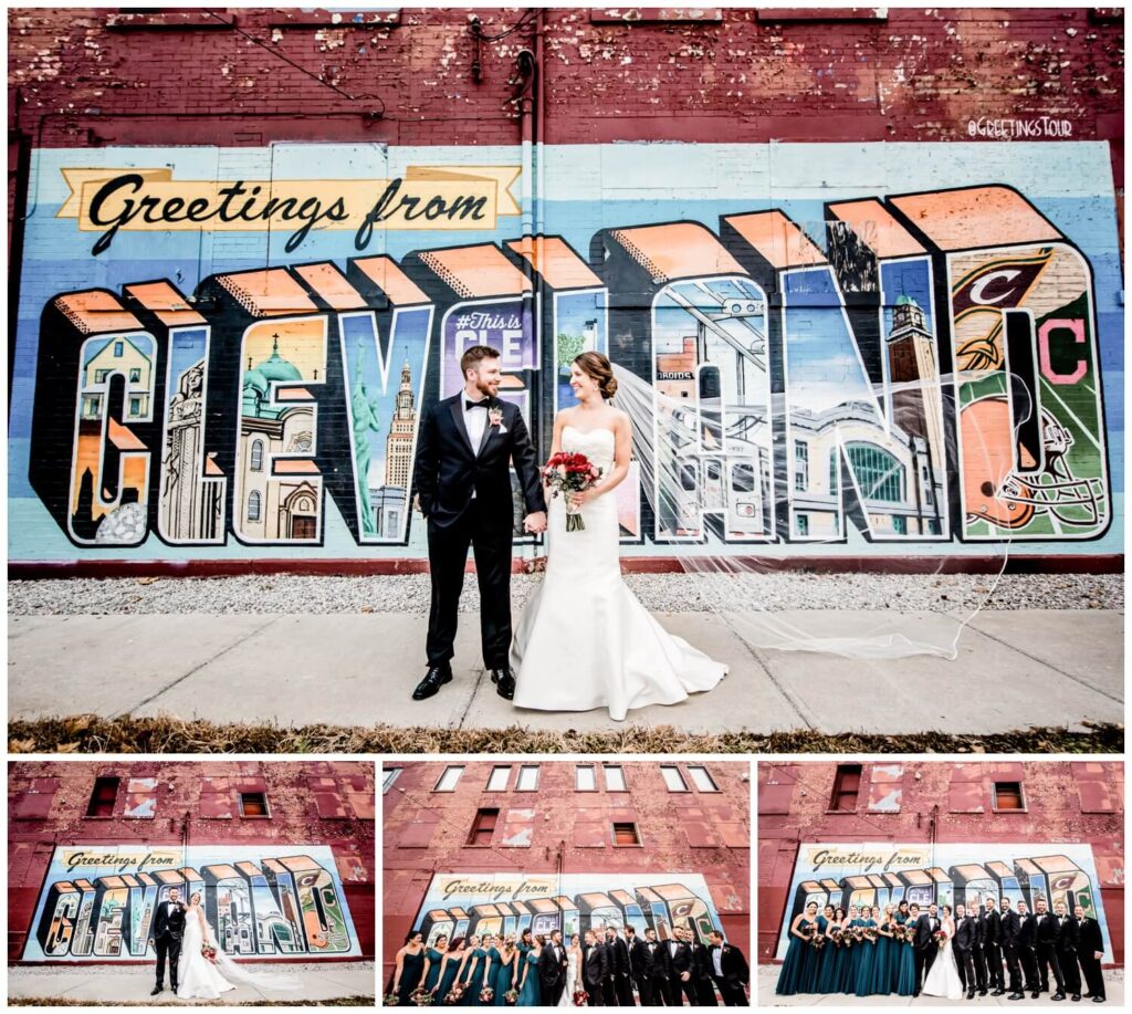 bride and groom with bridal party in front of cleveland mural captured by three and eight photography