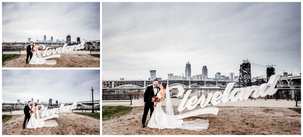 bride and groom in front of cleveland script sign on key tower wedding day