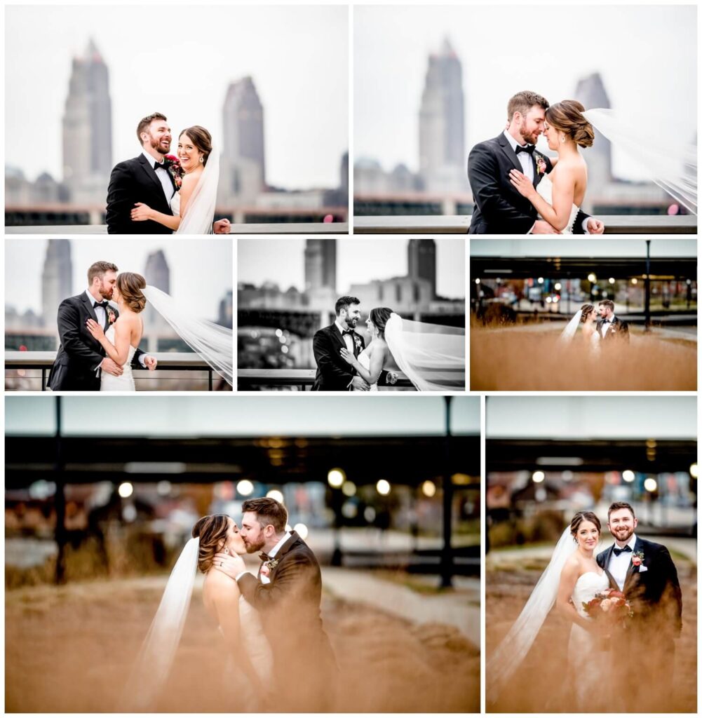 bride and groom with cleveland city skyline in the background on wedding day