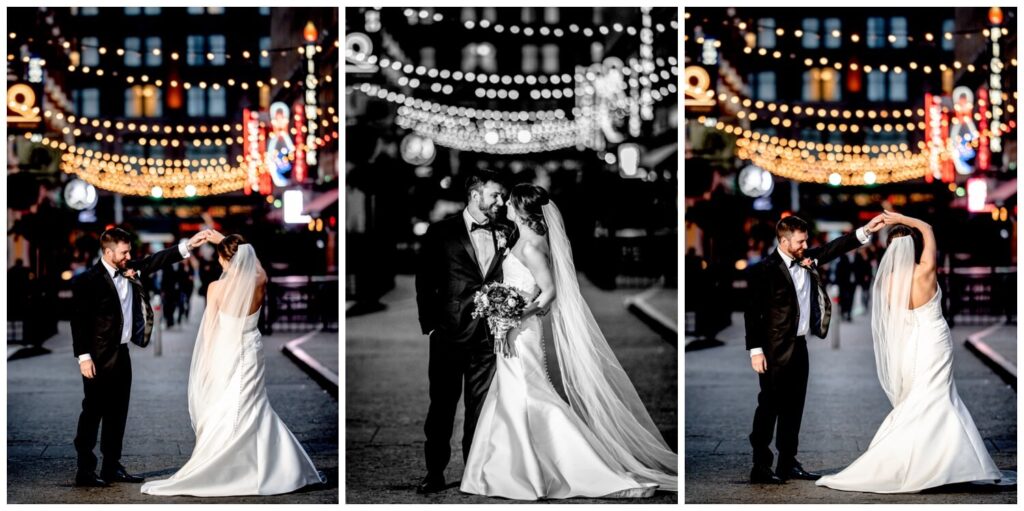 bride and groom on east 4th street on wedding day in cleveland