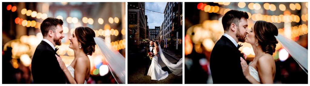 bride and groom cuddling on east fourth street in downtown cleveland