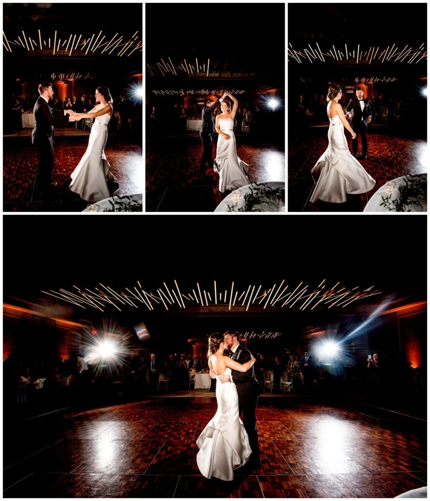 bride and groom dancing in marriott key tower hotel ballroom