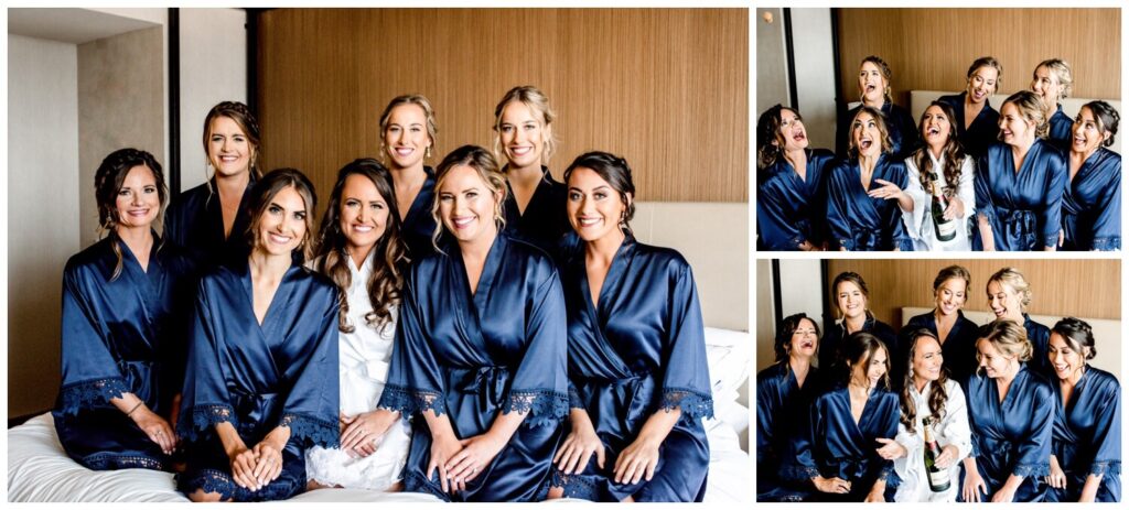 bride and bridesmaids in robes on wedding day morning in downtown cleveland