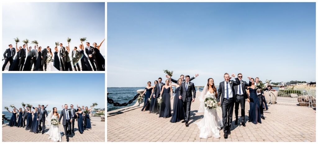 bridal party with bride and groom on lake erie in downtown cleveland ohio
