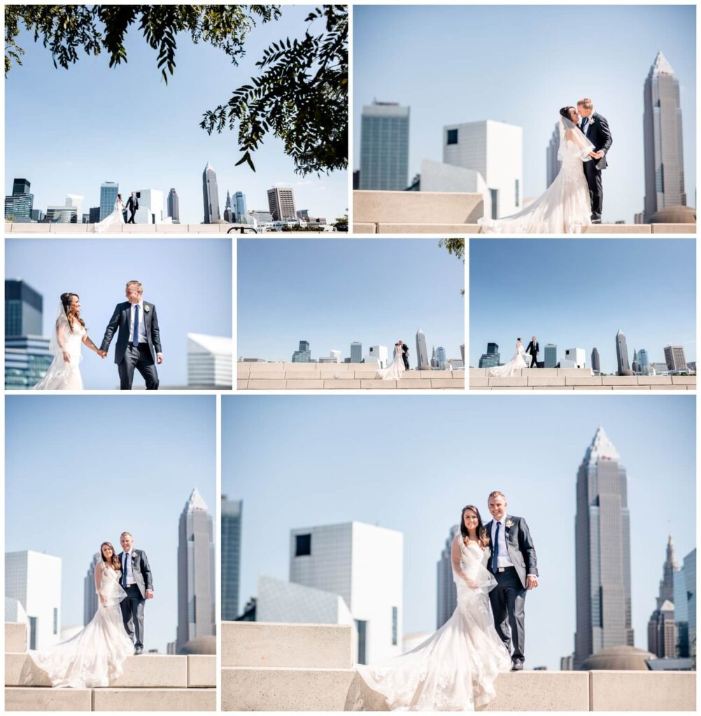 bride and groom posing with cleveland city skyline on northeast ohio wedding day