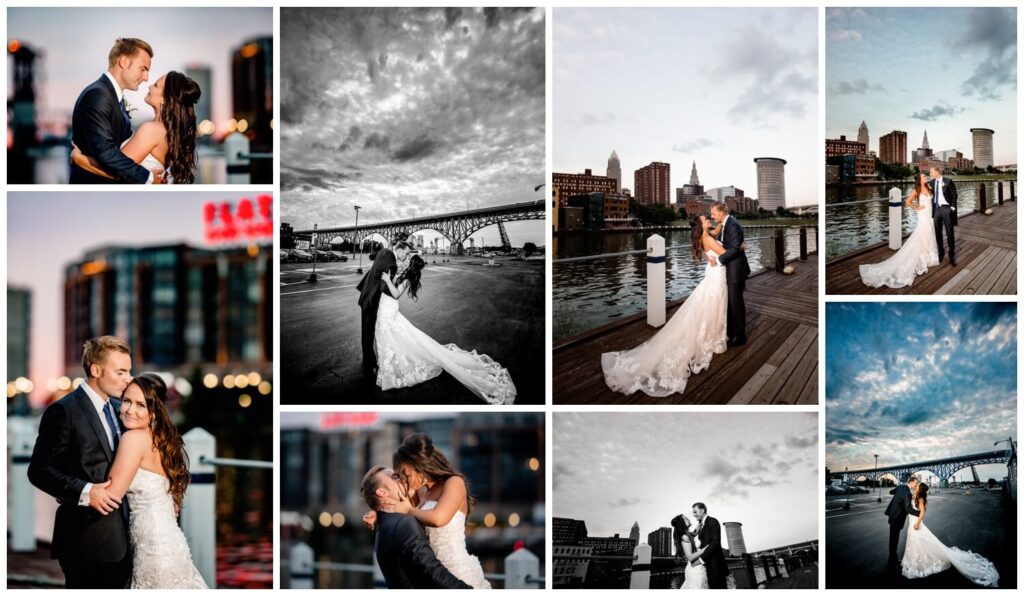 bride and groom posing at sunset in the flats of downtown cleveland