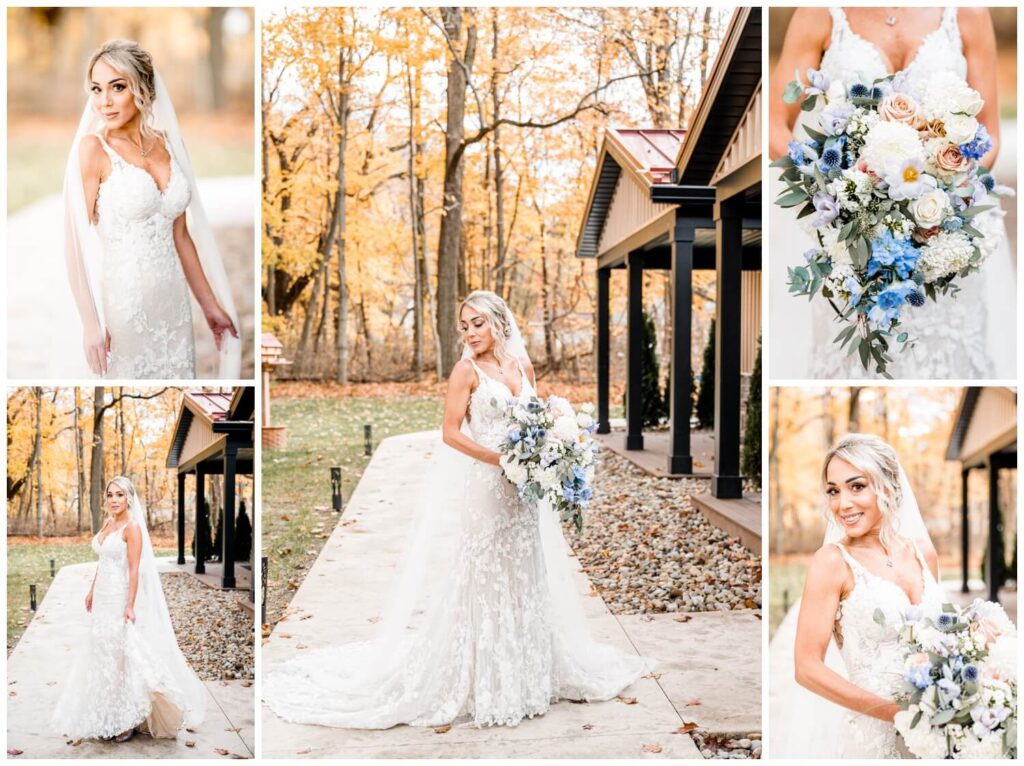 bride in her wedding dress outside of tall oaks barn captured by three and eight photography