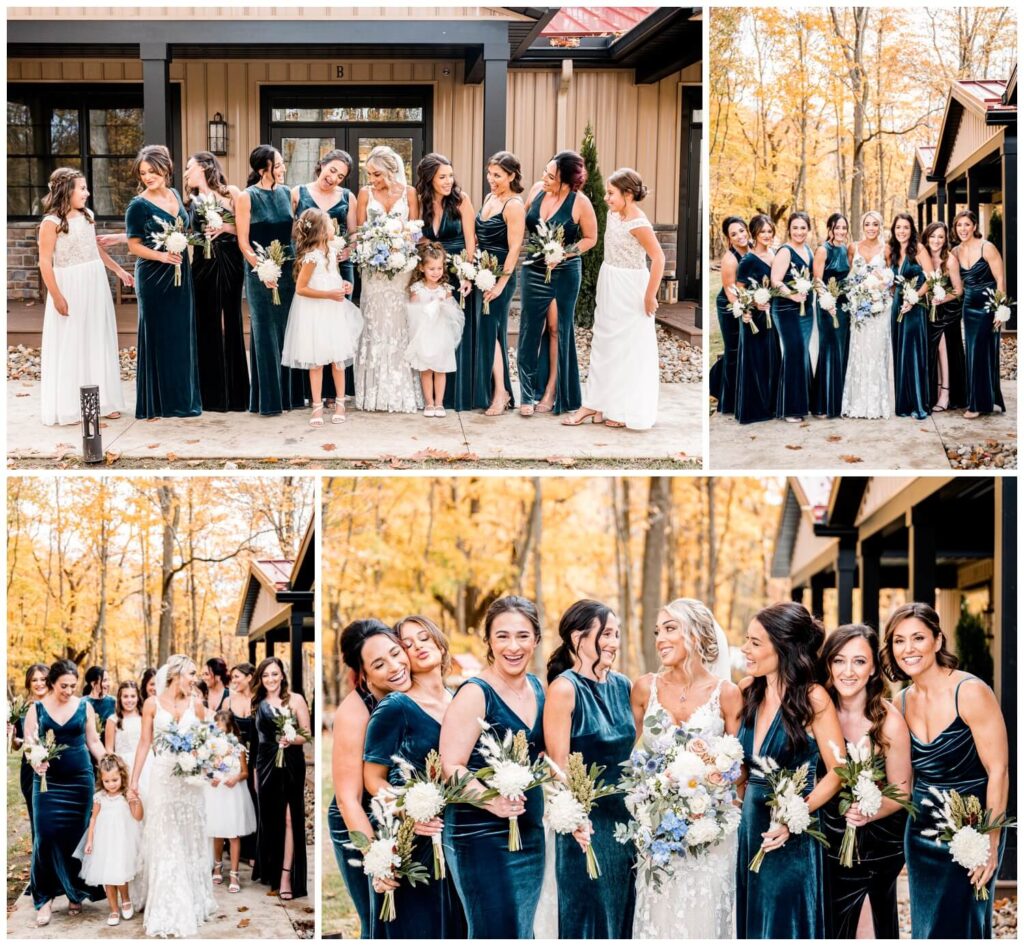 bridal party standing outside barn at tall oaks event complex on wedding day