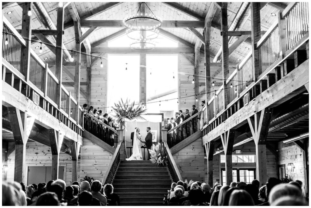 black and white photo of ohio barn wedding with bride and groom at tall oaks event complex