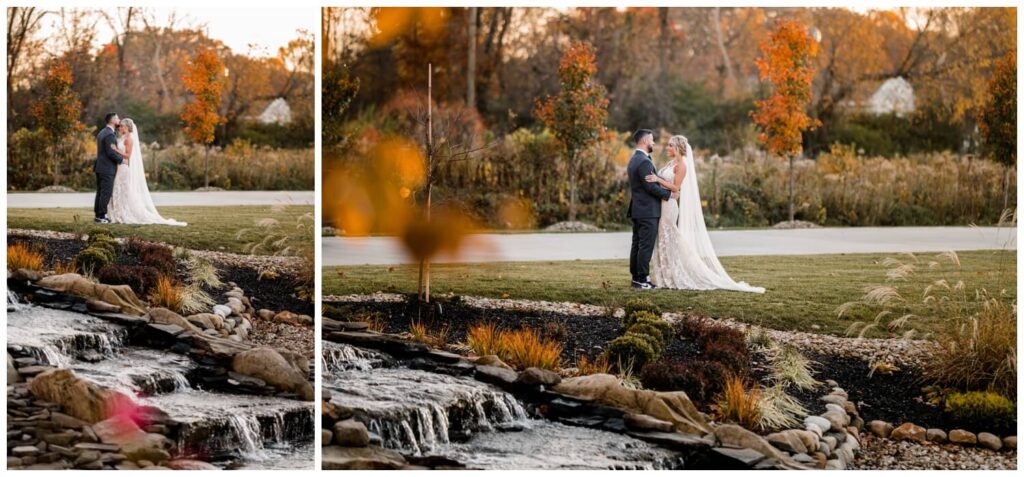 bride and groom outside tall oaks event complex at sunset on fall wedding day